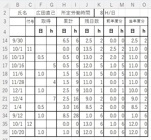 Excelによる年次有給休暇k管理簿